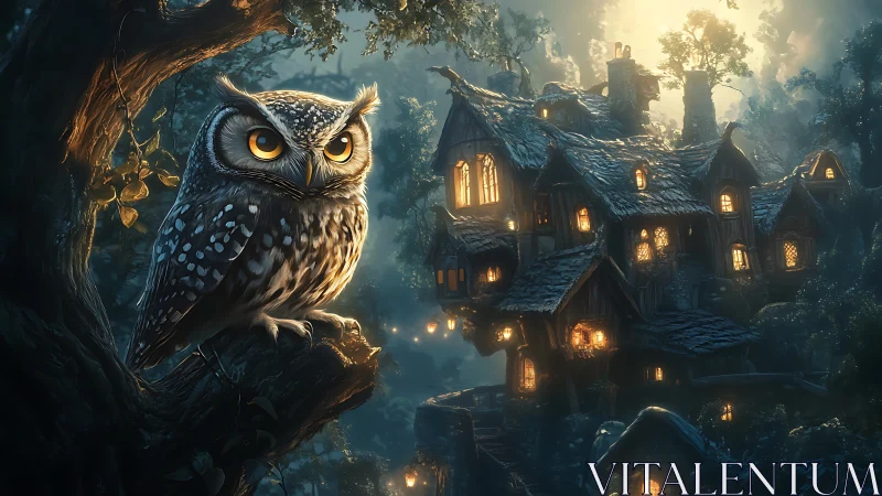 Moonlit owl sentinel guarding a lantern-lit forest manor.