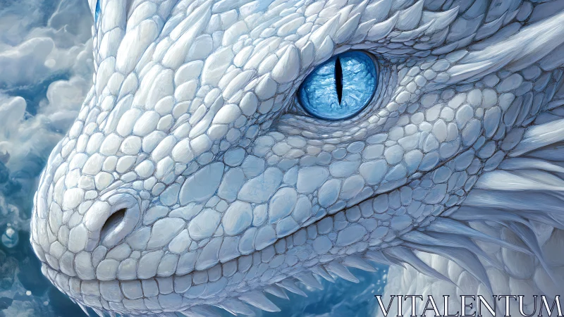 Close-up profile of white scaled dragon with blue eye.