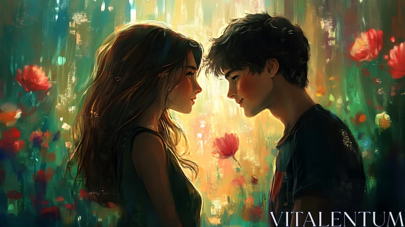 Two Figures Face to Face Among Red Flowers.