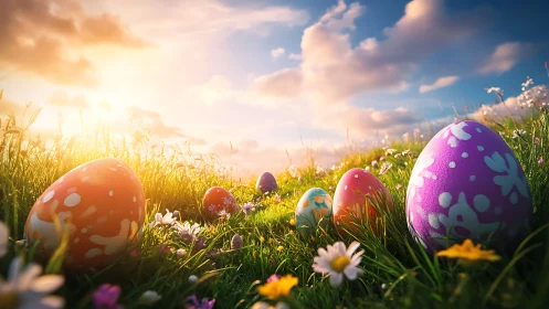 Irradiated meadow perspective with patterned Easter macro eggs.