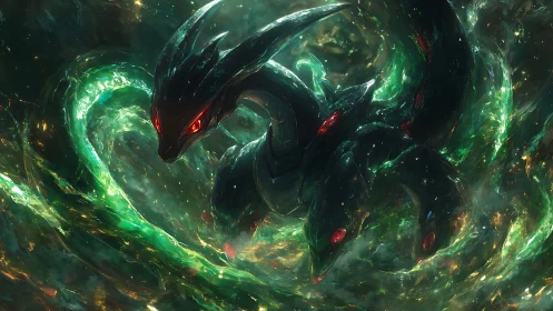 Dark serpentine dragon coils through glowing green vortex.