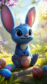 Playful blue bunny guarding pastel Easter eggs in spring.