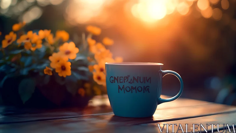 Cozy teal coffee mug glowing in gentle golden sunrise light.