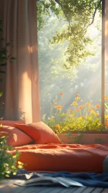 Digital painting of sunlit bedroom with botanical window view.