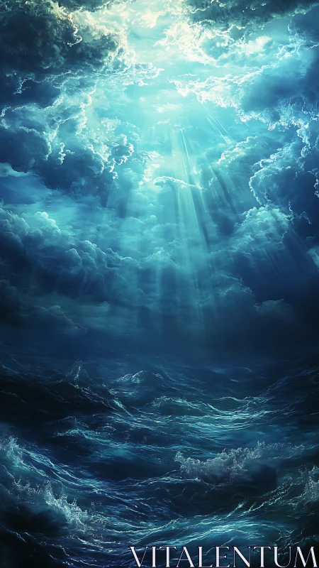 Radiant light over restless ocean waves and rolling clouds.