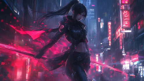 Neon blade huntress cleaves rainlit cyberpunk midnight streets.