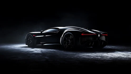 Sleek black hypercar glows against a dramatic dark studio backdrop