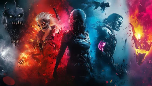 Elemental warriors clash amid spectral demonic onslaught.