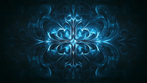 Symmetric electric-blue fractal plume forms radiant energy core