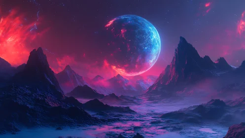 Alien ice planet rises over neon-lit volcanic mountain range