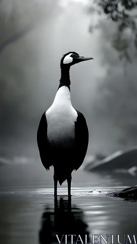 Solitary crane stands poised in tranquil misty waters.