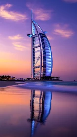 Modern sail-shaped tower by shoreline at dusk in Dubai.
