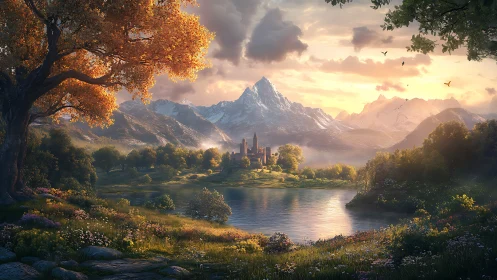 Sunrise crowns a hidden lakeside castle in quiet mountain bloom