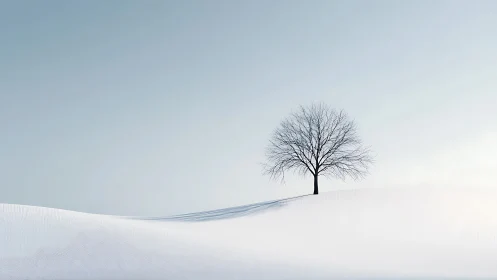 Solitary winter tree crowns a minimal snow-covered horizon