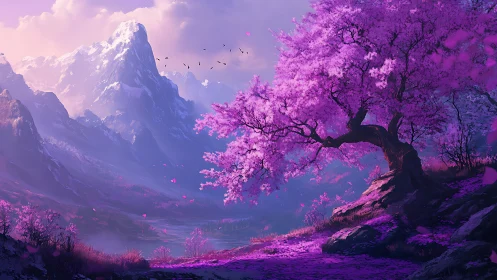 Vibrant pink blossom tree beside glowing mountain valley.