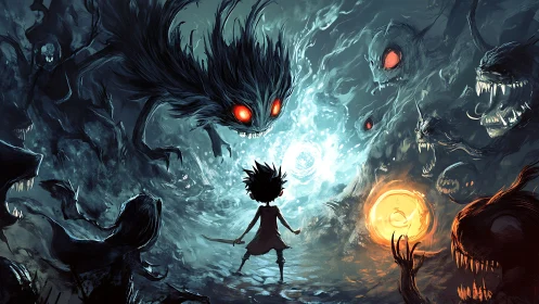 Digital painting of child confronting phantasmal demons in void.