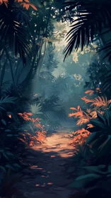 Dense tropical forest passage with layered vegetation under diffused skylight.