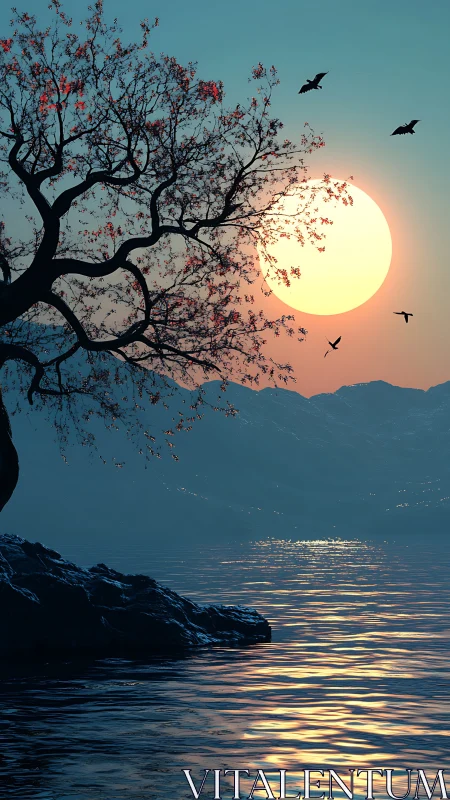 Sunset over calm lake with silhouetted tree and birds.