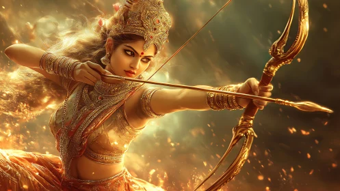 Divine warrior goddess with golden bow in blazing light.