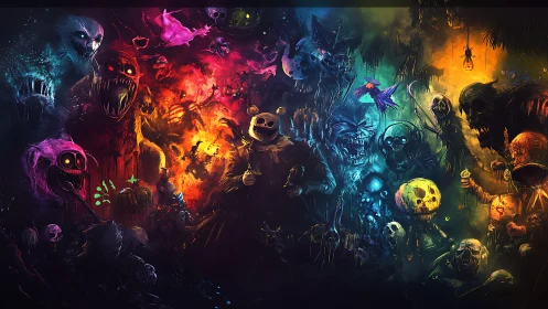 Chaotic horde of neon monsters in dark nightmare scene.