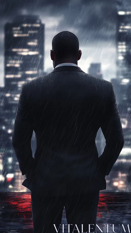 Rain-soaked city watcher stands steady in the glowing night