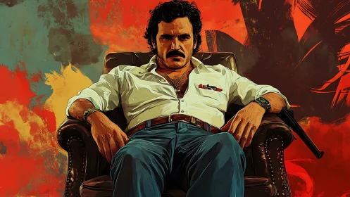 Commanding man in armchair stares ahead against bold colors