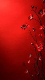 Red Botanical Specimen Against Monochromatic Crimson Field. Delicate Florets and Buds.