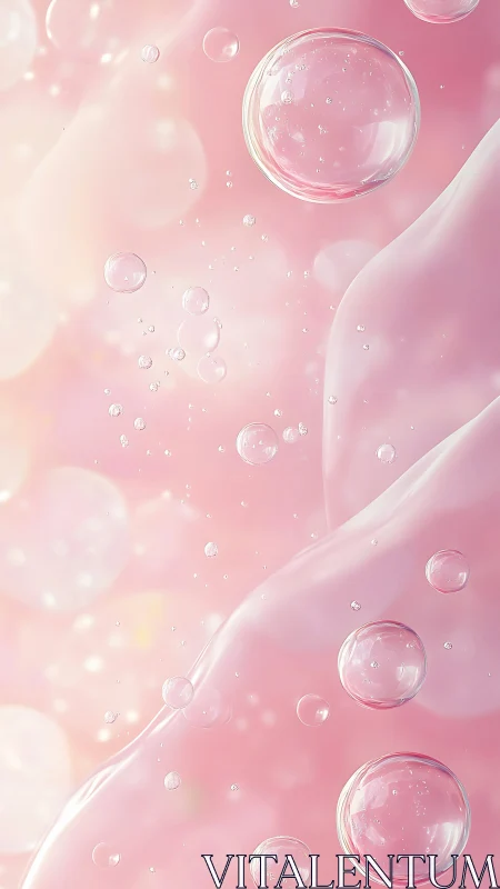 Transparent liquid bubbles against soft pink abstract field.