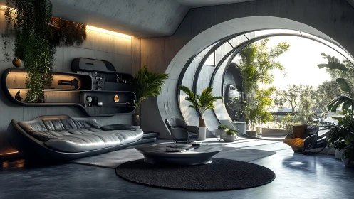 Futuristic Pod-Dwelling: Biophilic Workspace in Brutalist Interior.