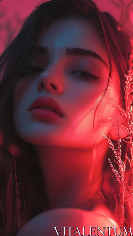 Close portrait of woman in red and blue studio lighting.