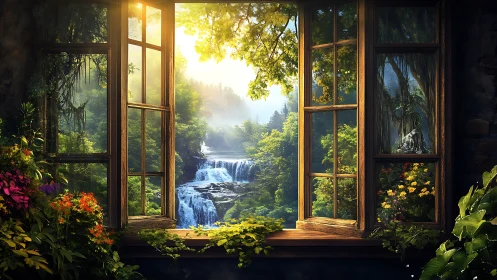 Sunlit forest waterfall viewed through open window.