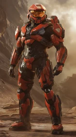 Armored sci fi soldier stands on sunlit alien canyon ridge.