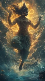 Celestial water dancer rising through molten starlight tides.