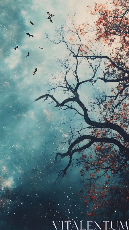 Nocturnal canopy silhouette with migrating birds in nebular sky.