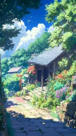 Sunlit village path lined with summer flowers and cottage.