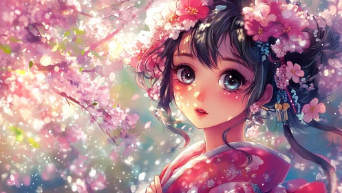 Girl in floral kimono under dense pink cherry blossoms.