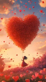 Girl Holding Giant Heart-Shaped Balloon at Sunset.