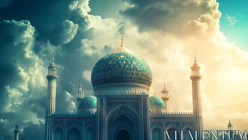 Sunlit turquoise mosque domes contrast against dramatic clouds