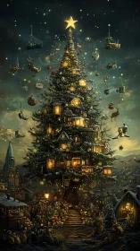 Tall decorated Christmas tree integrates houses and floating objects