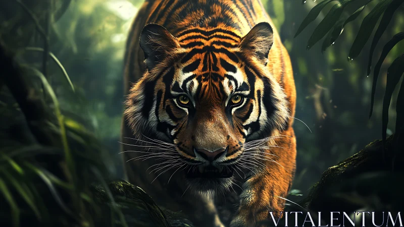 Tiger stalks through dense jungle with intense forward gaze