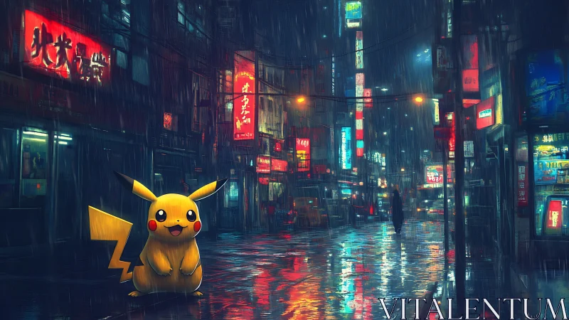 Pikachu in neon rain on reflective cyberpunk city street.