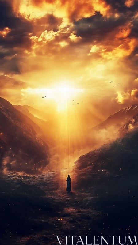 Lone robed figure walks toward radiant celestial sunrise.