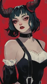 Striking demon horned girl gazes forward with bold confidence