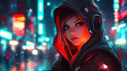 Neon-hooded cyber girl smolders in rainlit city glow.