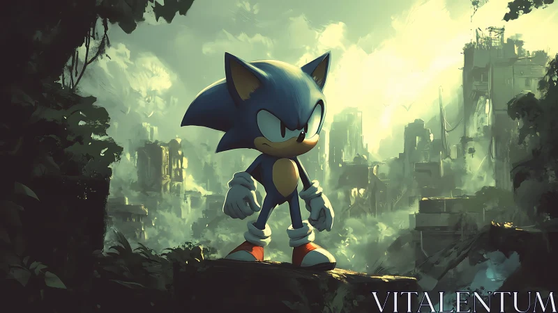 Blue speedster stands brave in a misty ruined cityscape.