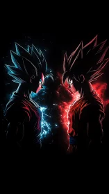 Opposed spiky haired fighters with blue and red energy auras.