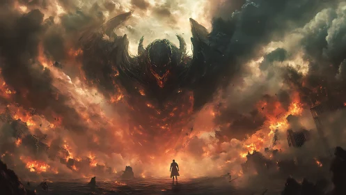Lone figure meets a colossal fire-born sky demon.