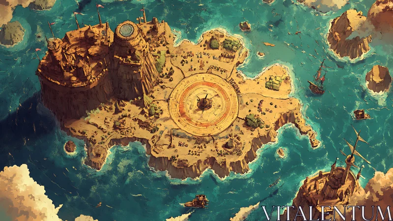 Steampunk island fortress with concentric circles surrounded by turquoise ocean