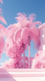Pink tropical palms rise beside minimal modern terrace