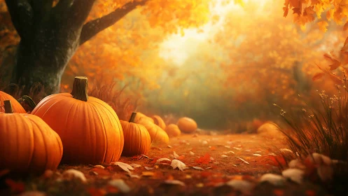 Pumpkins sit along a forest path in warm autumn light